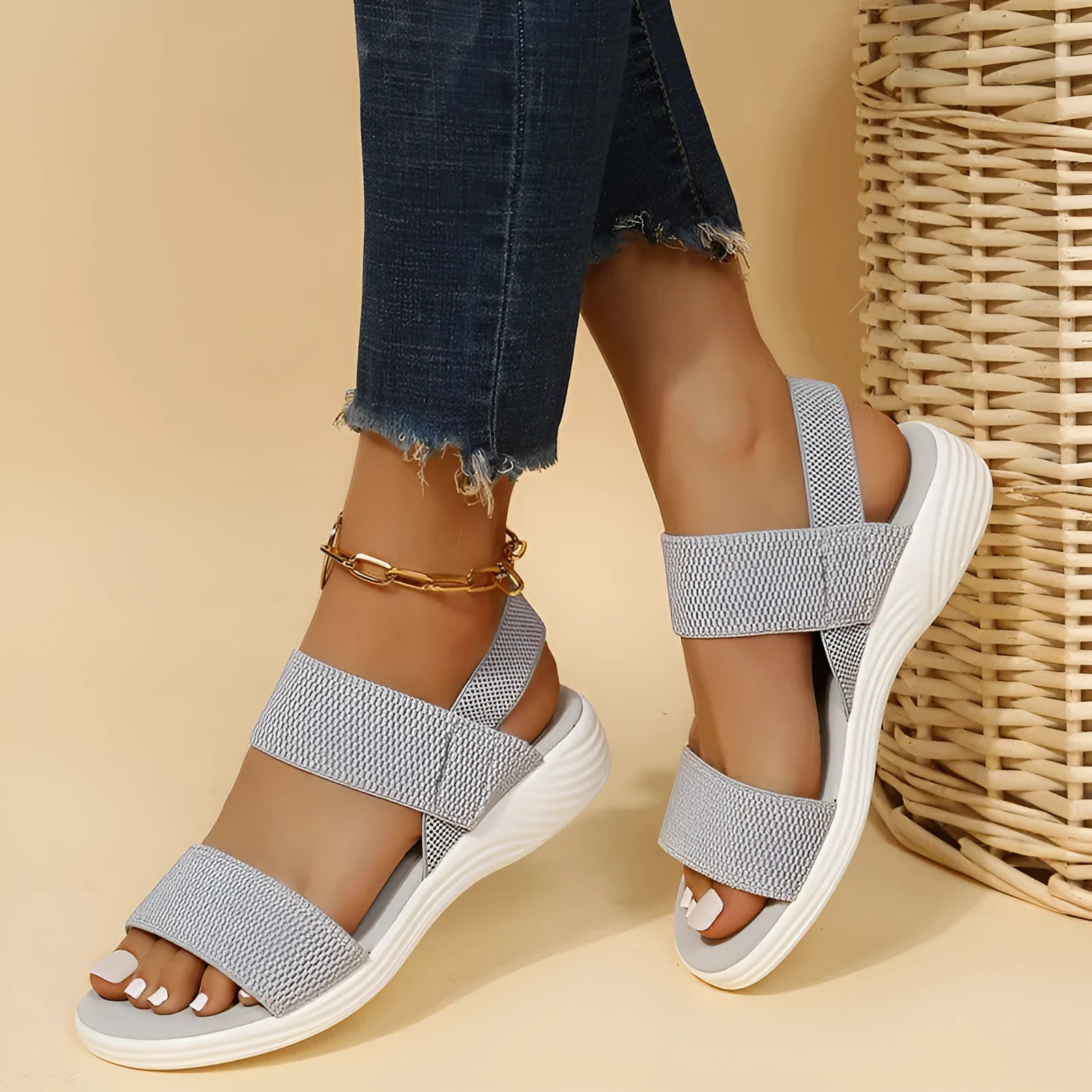 Women's platform beach sandals double strap Roman style round toe faux leather solid colour black elastic slip on shoe