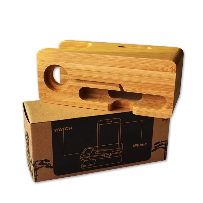 Bamboo smartphone stand with hand-carved round carving and inkjet finish, dimensions 149x55x60mm