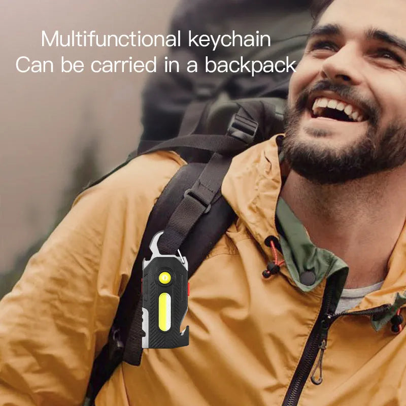 Multifunctional charging emergency light on keychain with COB LED, bottle opener, and screwdrivers