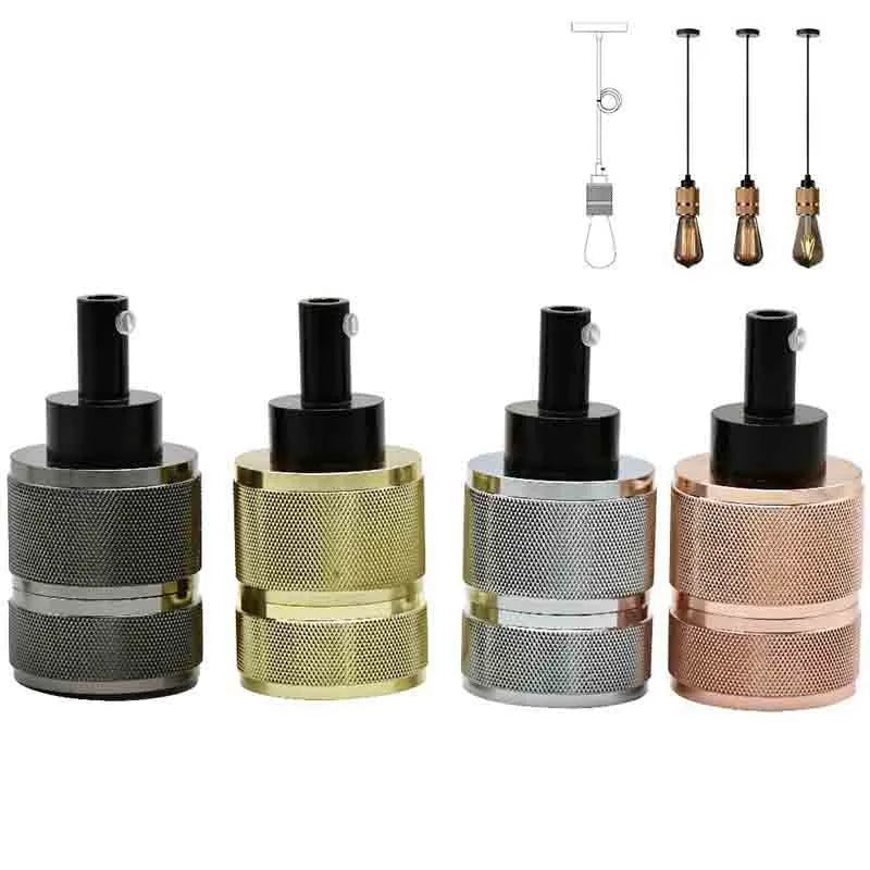 Components of a DIY retro ceiling light assembly kit in chrome finish, showing metal ceiling rose, braided cord, and lamp holder.