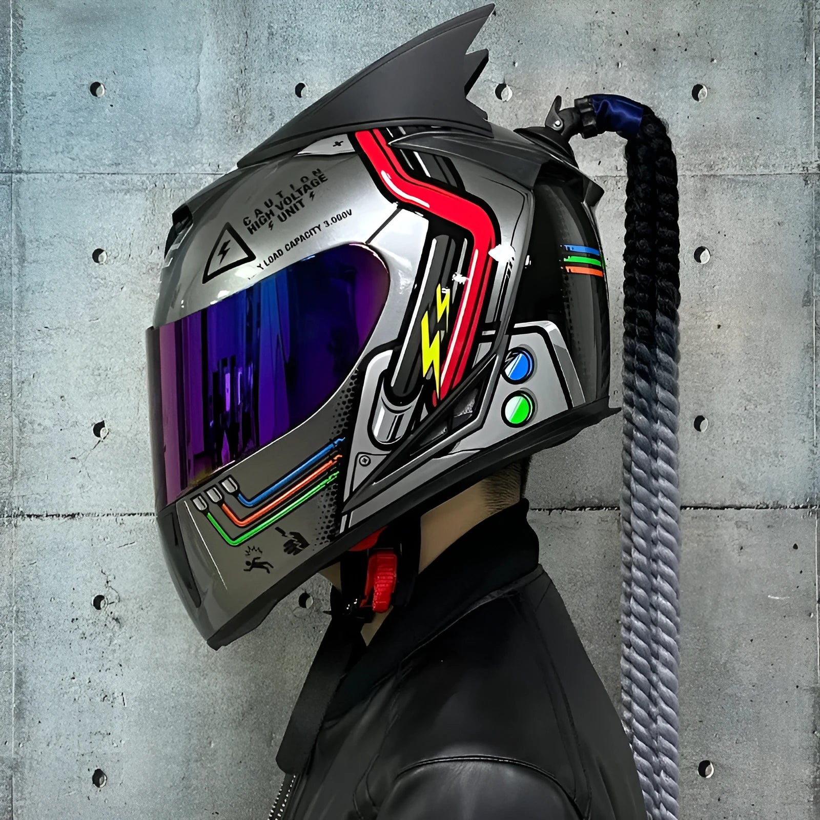 Dirty Braids pattern full face motorcycle helmet in ABS on a white background.