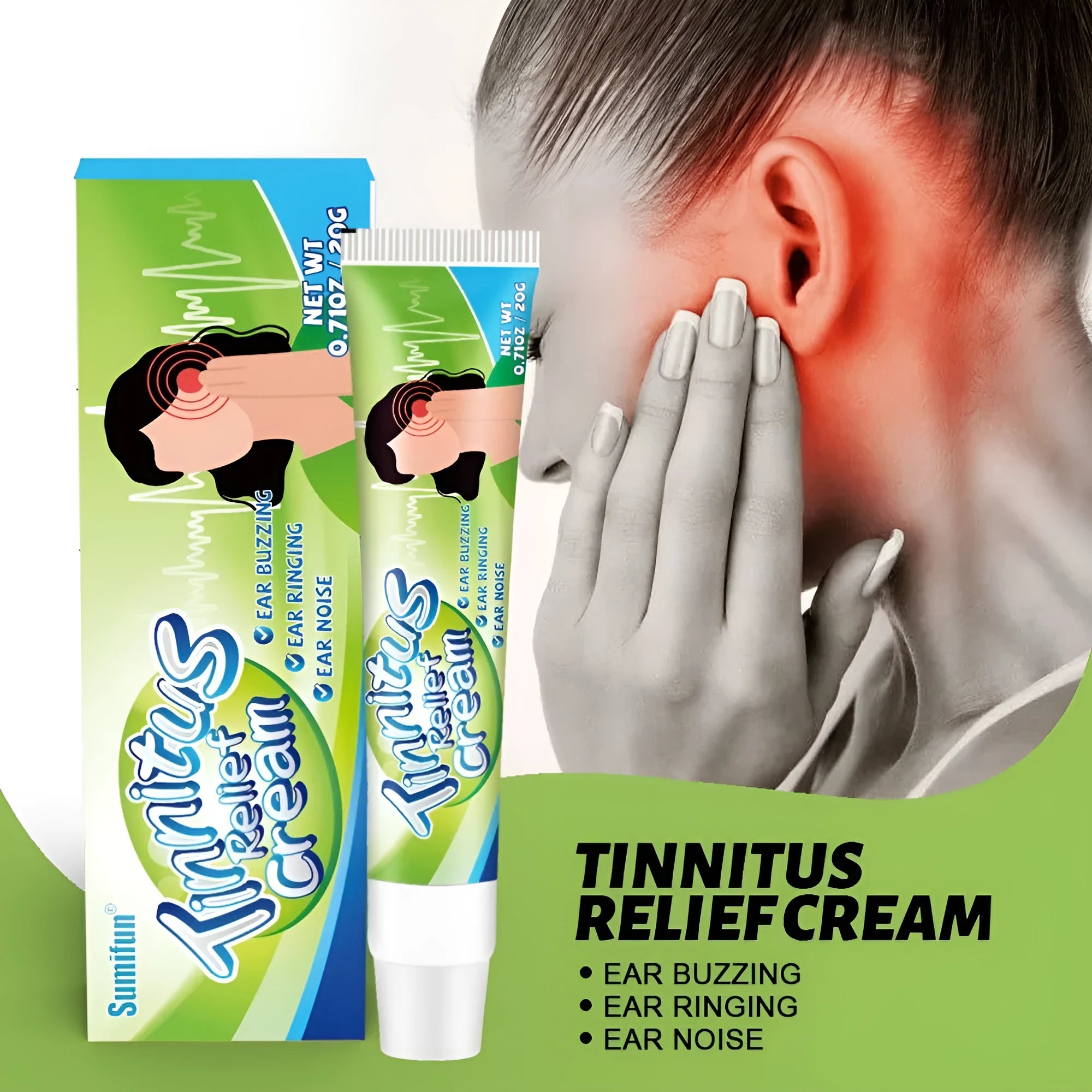 White and green box containing a 20g tube of Ear Kang Cream for external ear application.