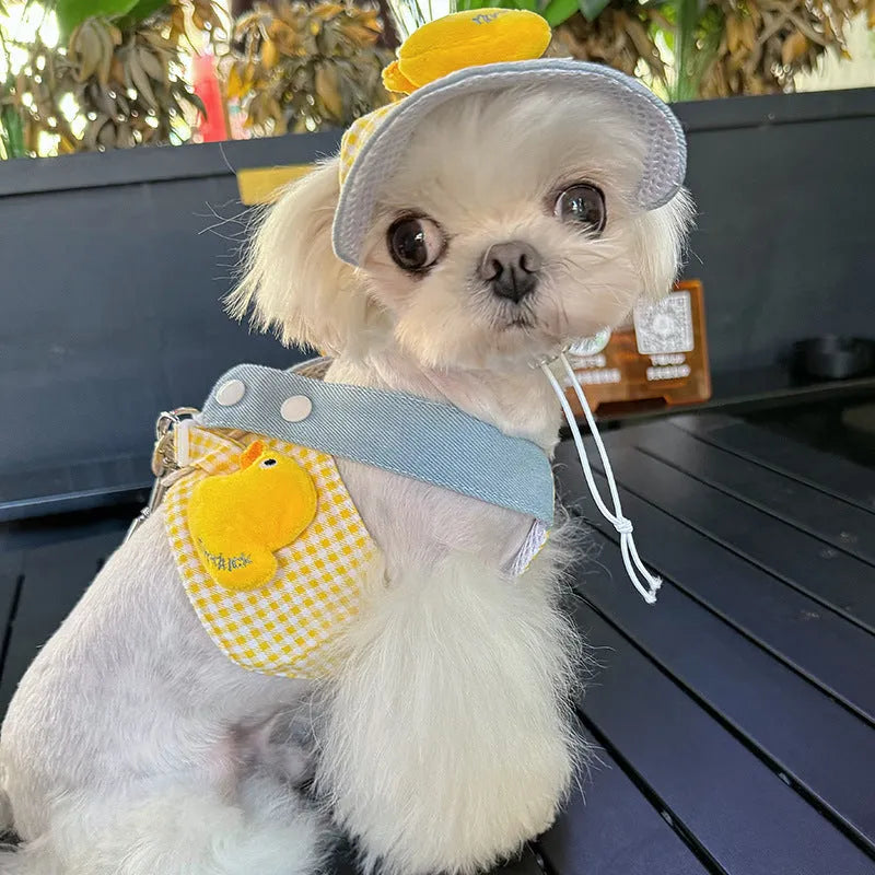 Dog harness and leash set with cat clothes, hat, and wire rope pulling rope for summer pet outings