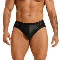Black men's faux leather briefs with decorative stitching and lace trim detail