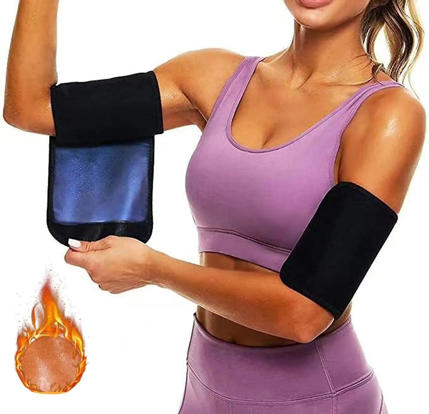 Adjustable black and red neoprene arm sweatband with Velcro strap wrapped around an upper arm.