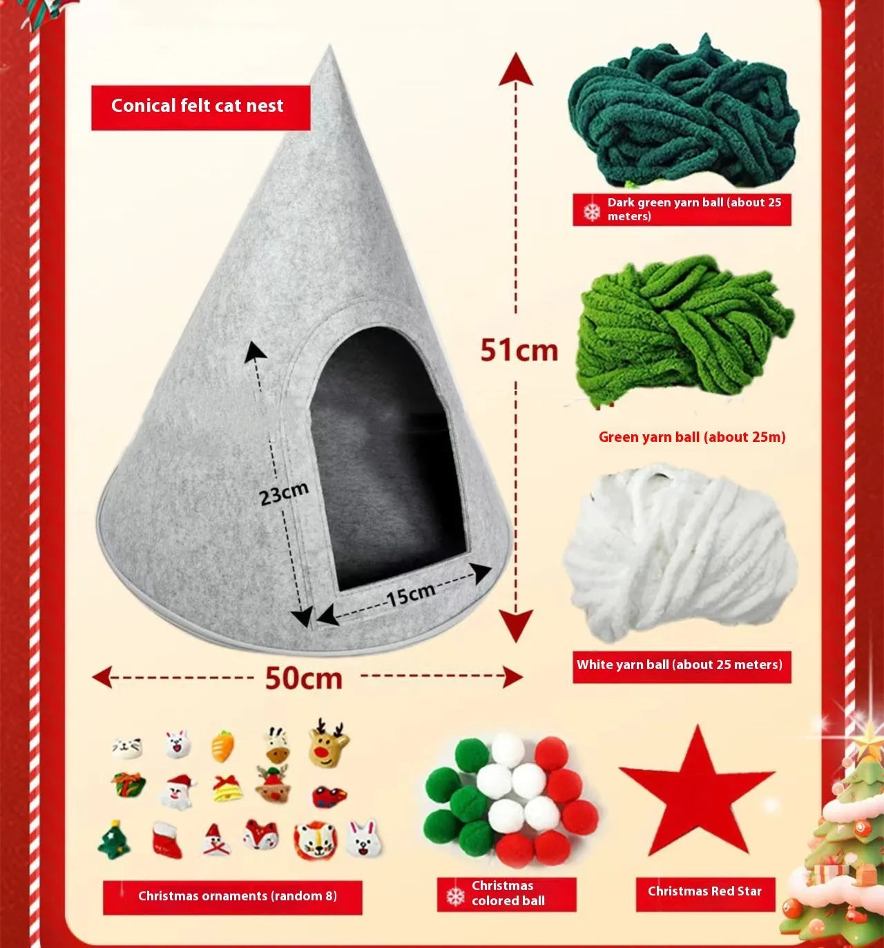 Grey cone-shaped felt cat house measuring 50cm diameter for indoor cats