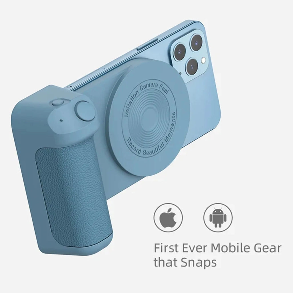 Black multifunctional phone camera holder with magnetic suction and rotatable stand on a table.