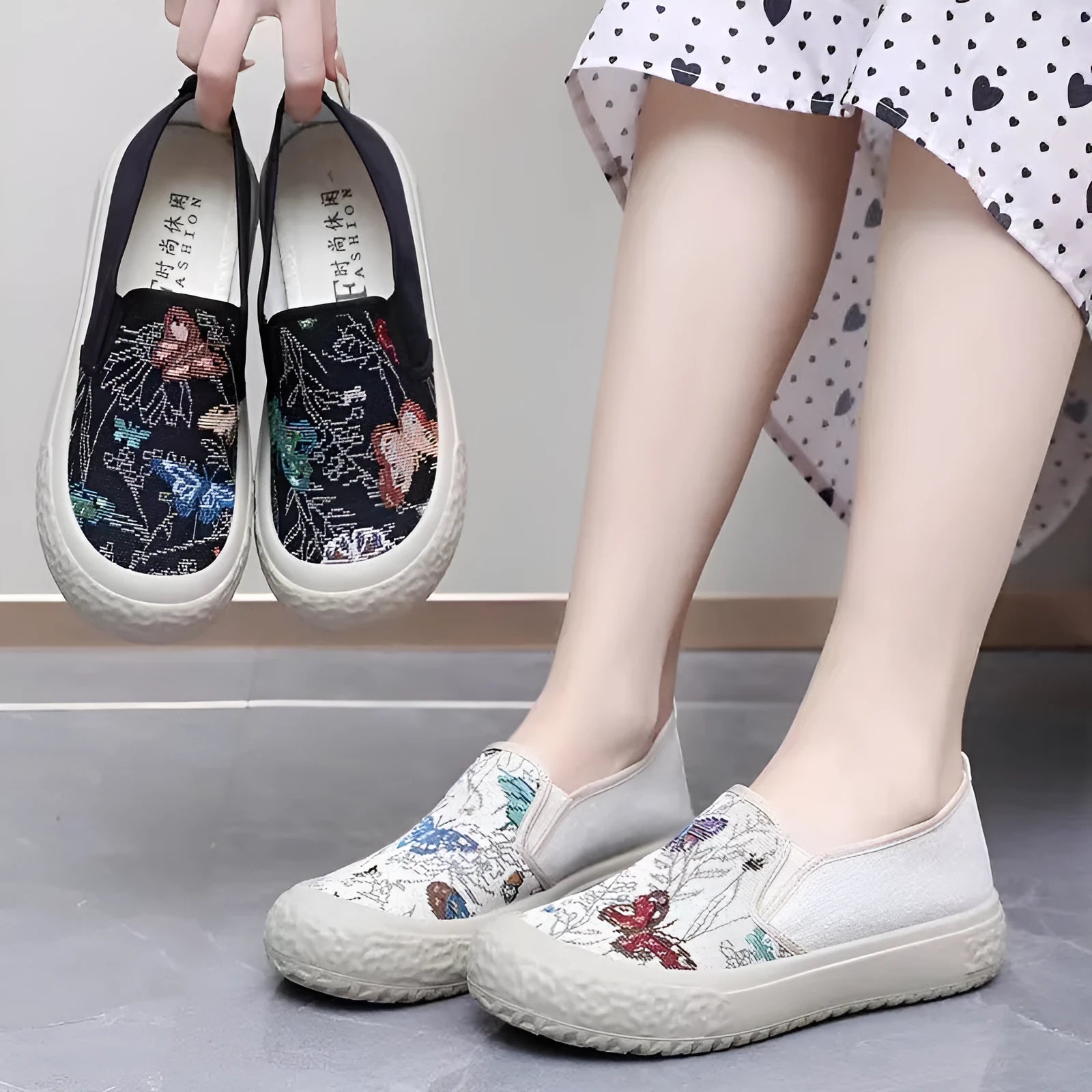 Old Beijing women's canvas slip-on shoes with soft plastic soles in black and white colour options