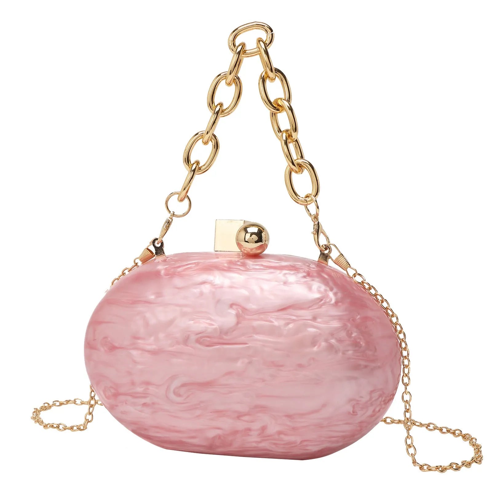 Hard acrylic oval clutch bag with chain strap in a pearlescent colour with phone and file compartments visible.