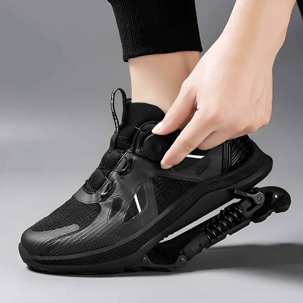 Black unisex running shoes with mesh upper, buckle fastening, and a textured rubber EVA sole.
