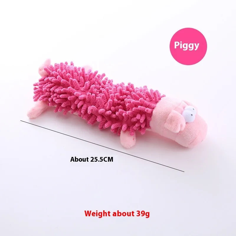 Plush microfiber molar-shaped dog chew toy in assorted animal designs including dog, duck, pig, and frog.