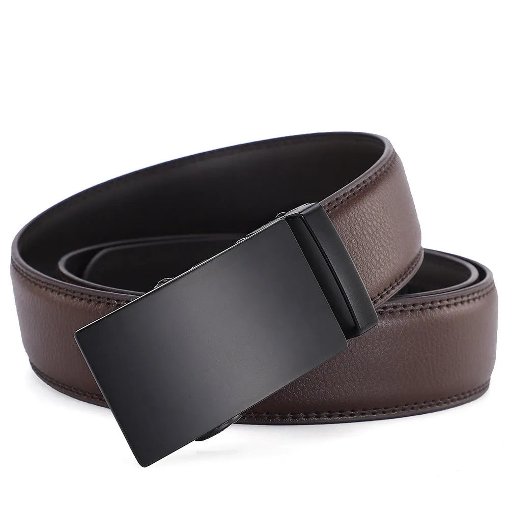 Men's automatic buckle belt in genuine two-layer cowhide leather, black or brown option, 110-130cm length