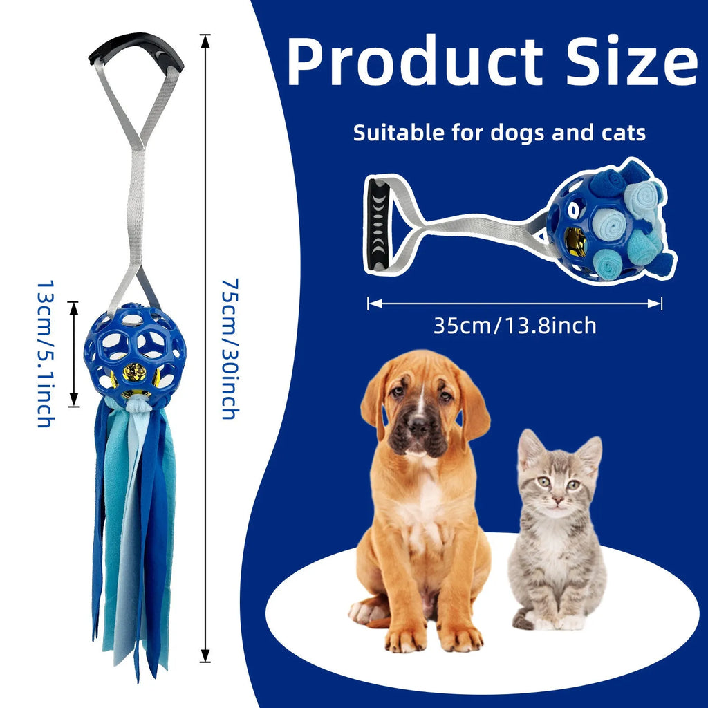 TPR hollow pet ball with bell in five colours: black, blue, green, red, yellow