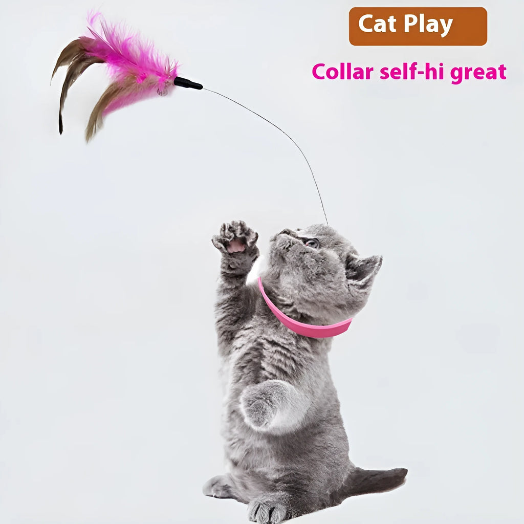 Adjustable cat collar toy with feather and bell attachments on steel wire teaser