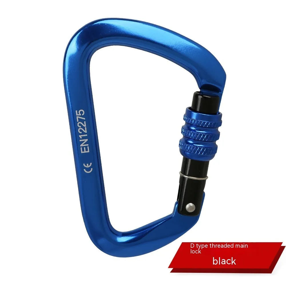 D-shaped rock climbing carabiner with automatic gate shown in orange, alongside a threaded gate version in black.