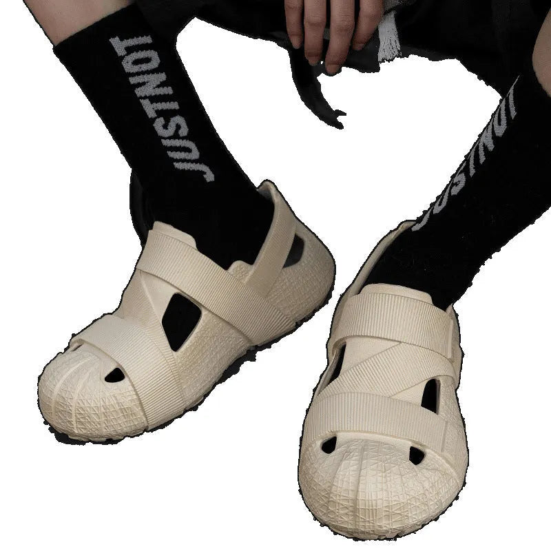 Men's non-slip deodorant EVA sandals in khaki with PU upper on a wooden floor