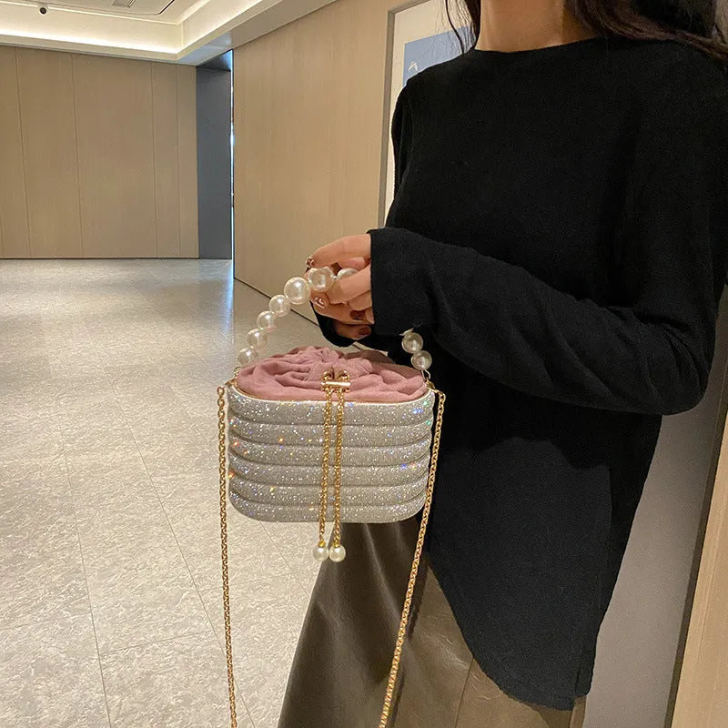 Women's round crossbody dinner bag with pearl bead embellishment in European retro style