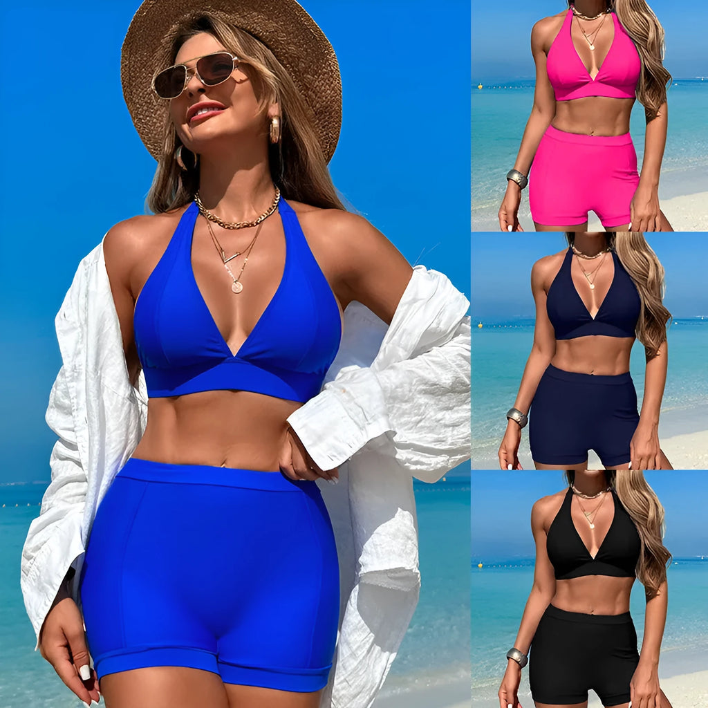 Women's black split bikini swimsuit laid flat, showing two-piece design.