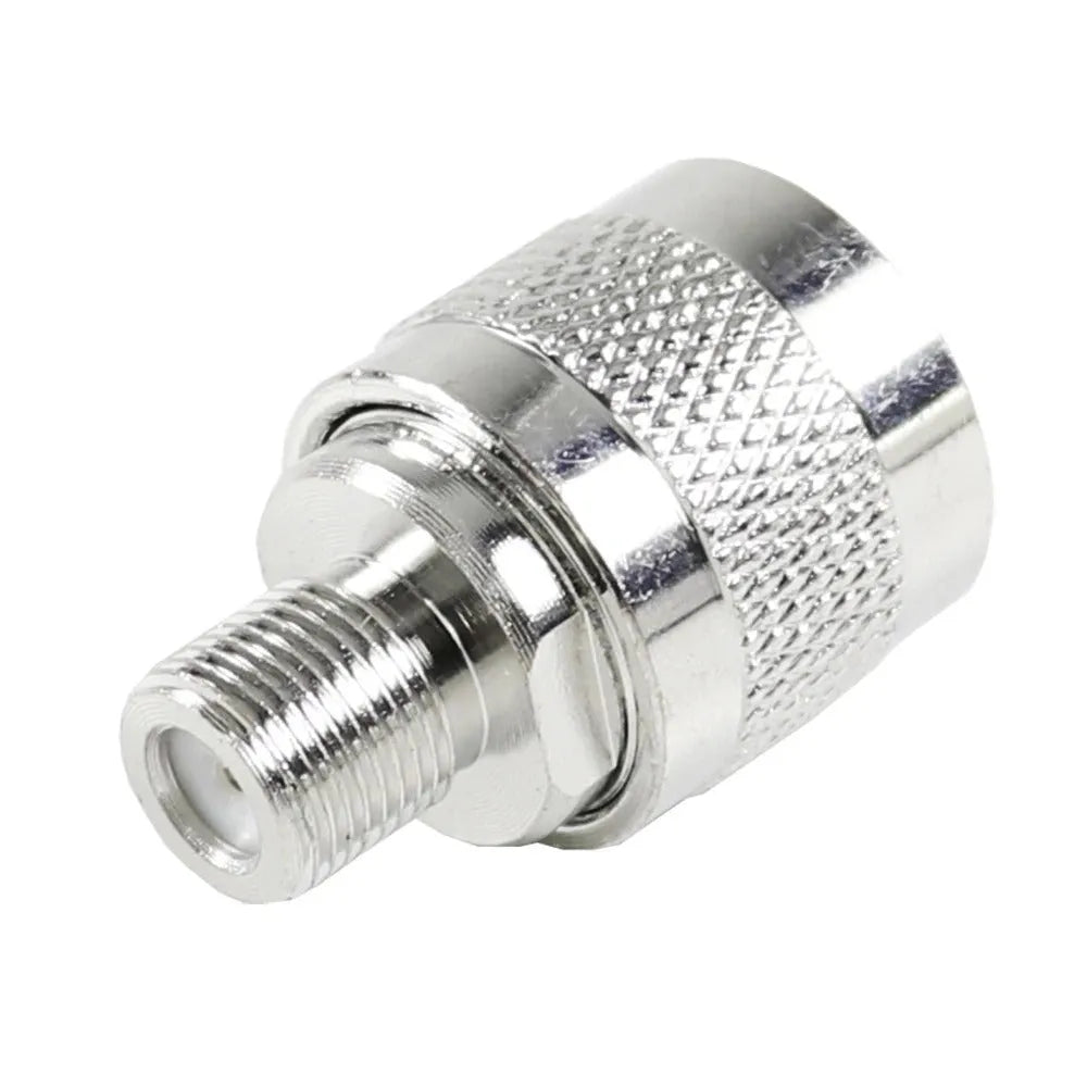 Silver metal RF coaxial F-head converter with threaded connection, 3x1.8cm