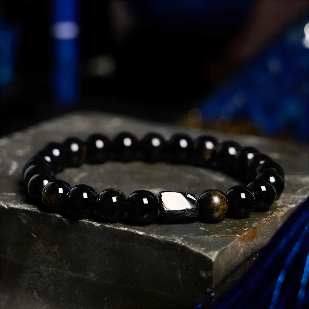 Obsidian single ring bracelet with 8mm beads and constellation design in gold obsidian colour