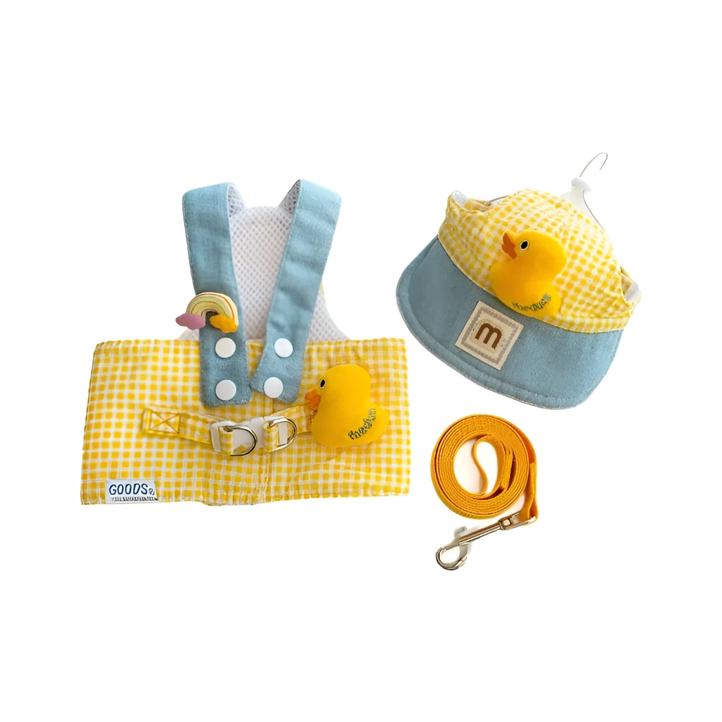 Dog harness and leash set with cat clothes, hat, and wire rope pulling rope for summer pet outings