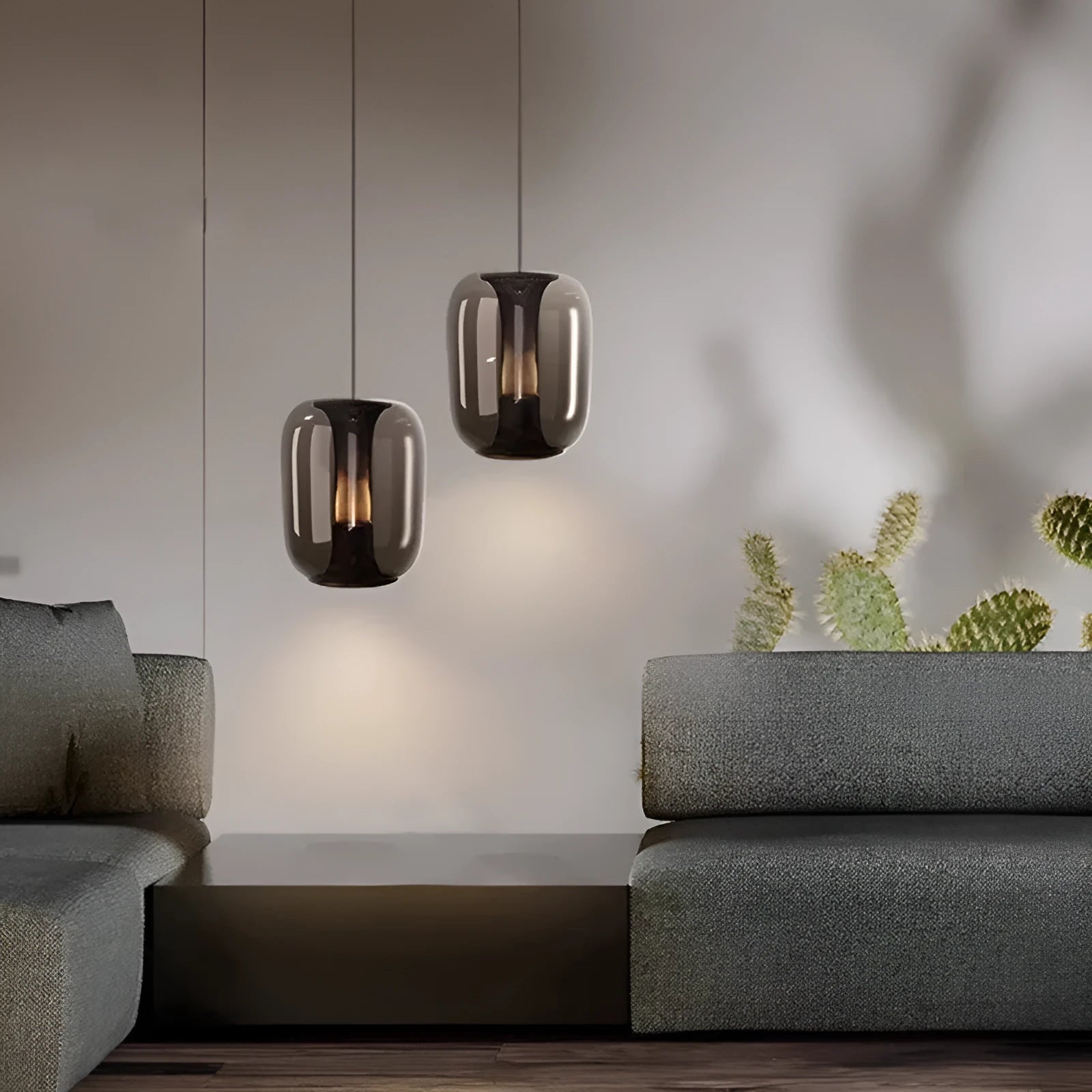 Nordic minimalist pendant chandelier with a creative glass shade in smoked grey, cognac, or transparent colour.