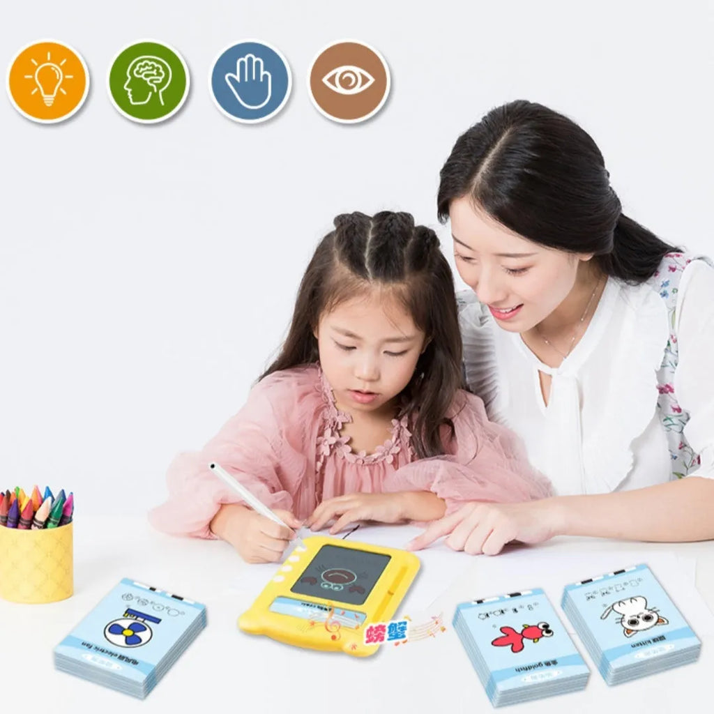 Yellow bilingual early education learning machine with educational cards for letter and hanzi learning