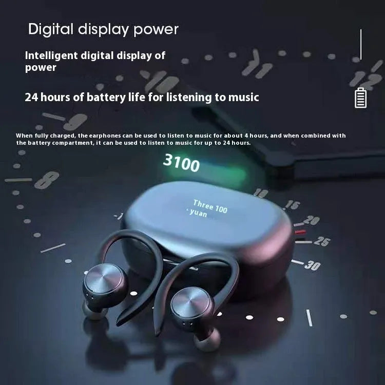 R200TWS sports Bluetooth headset ear-mounted plastic build with digital display in black colour