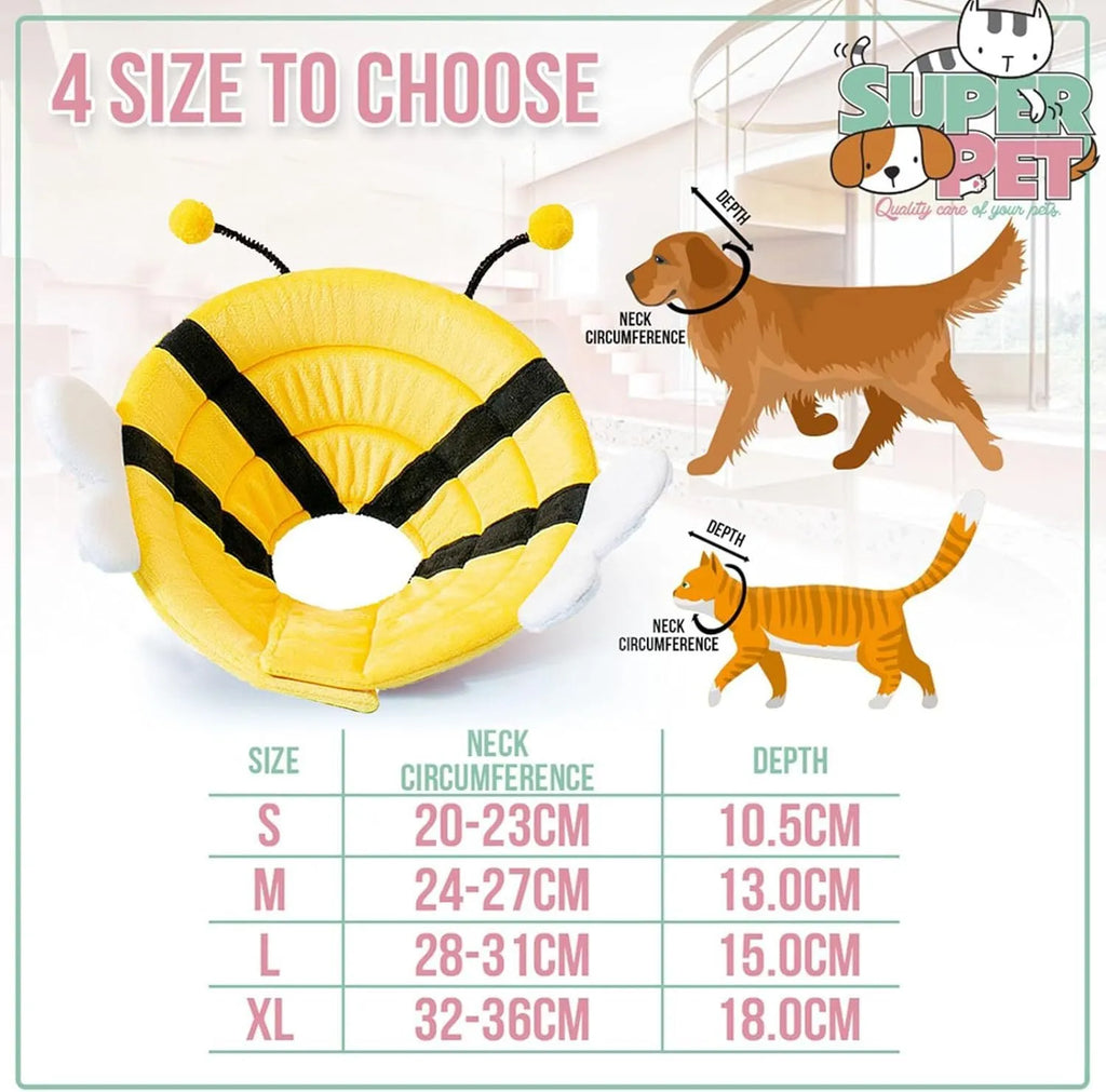 Soft bee-shaped cat cone collar with adjustable Velcro strap