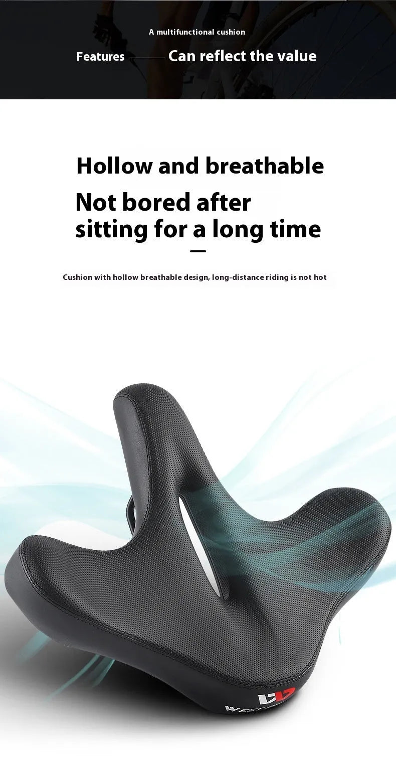 Black leather bicycle seat cushion with thick polyurethane foam padding.