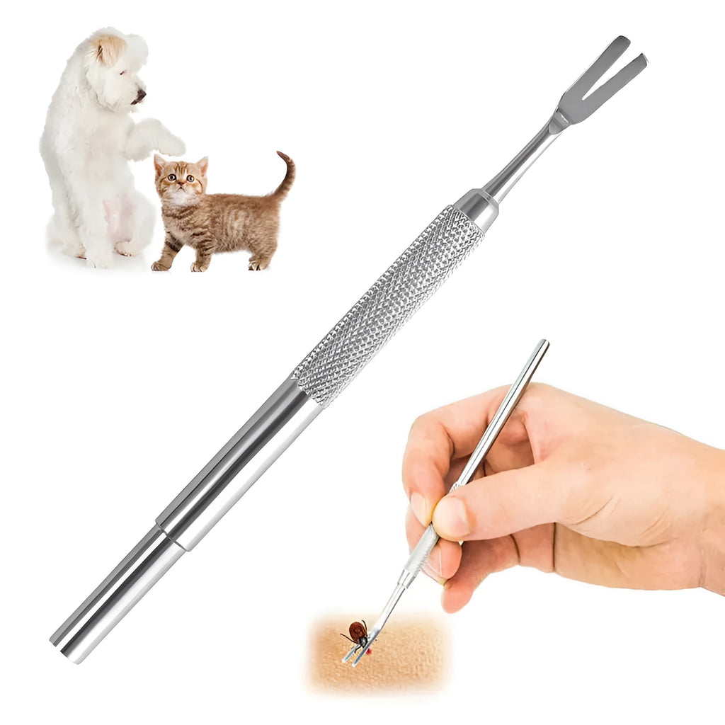 Stainless steel tick removal tweezers with pointed tips for pet tick extraction