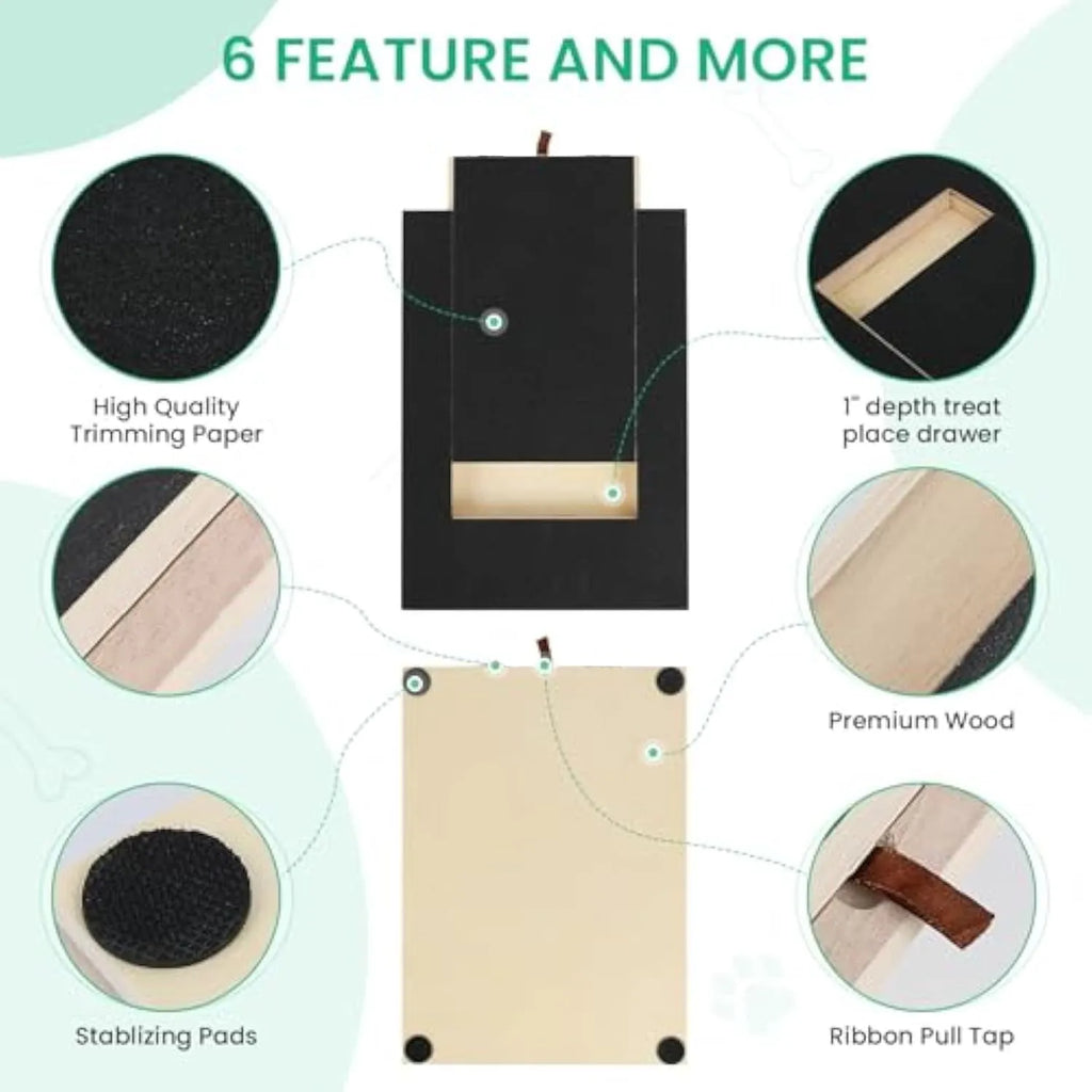 Wooden dog nail scratch board with treat drawer and four non-slip pads on a floor.