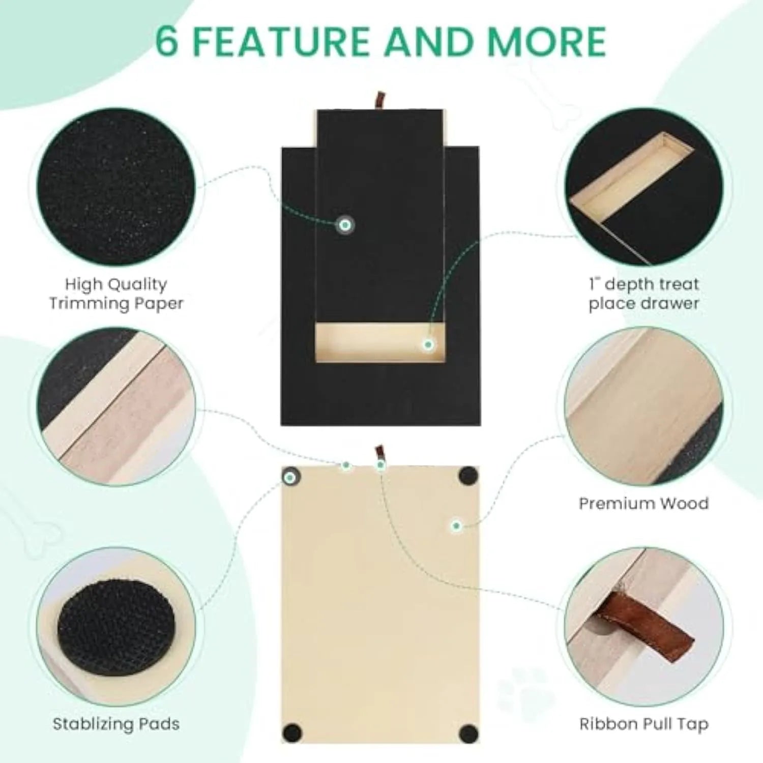 Wooden dog nail scratch board with treat drawer and four non-slip pads on a floor.