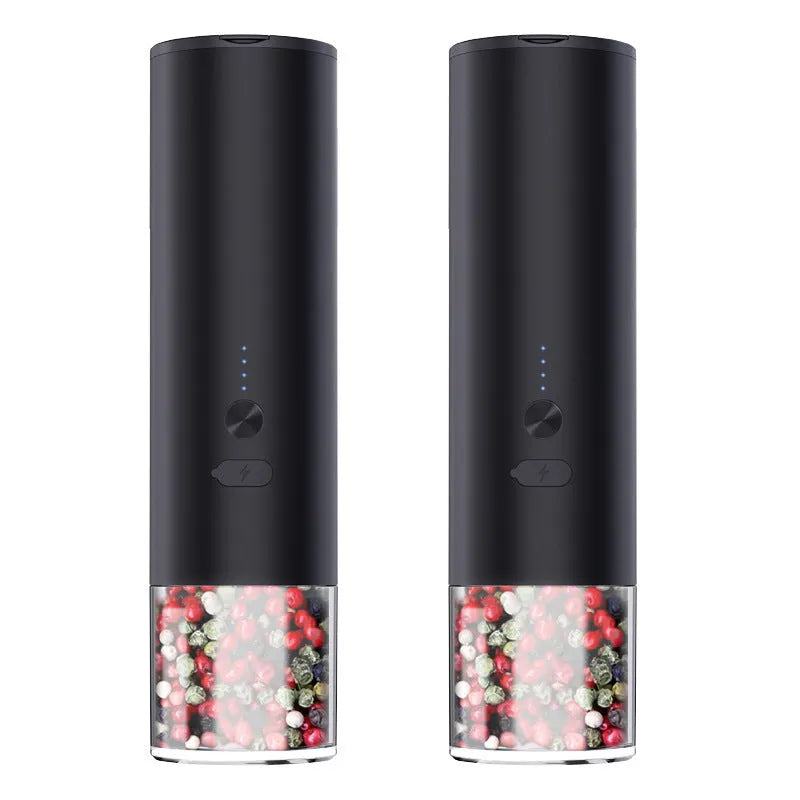 USB rechargeable electric pepper grinder with clear glass jar and LED light