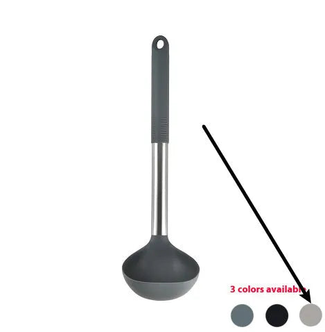 Black silicone kitchen utensil set with 12 tools in a rotating storage bucket on a kitchen countertop