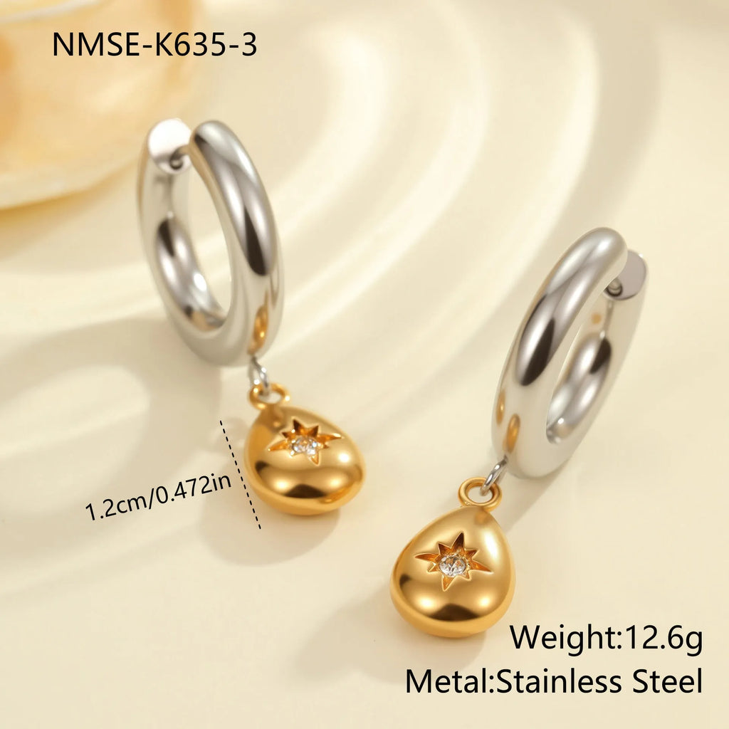 Women's stainless steel earrings with 18K gold plating in heart, star, and Christmas tree shapes.