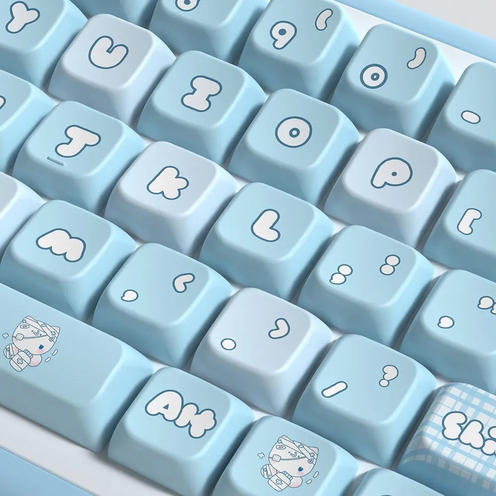 Watercolour cat design custom keycap set for mechanical keyboards, showing multiple PTB keycaps with opaque legends.