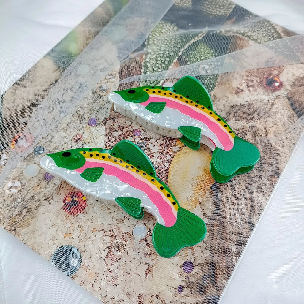 Dark green PVC hair clip with rainbow trout fish design inspired by carp elements