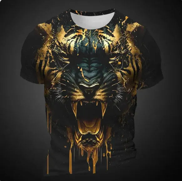 Men's 3D tiger pattern t-shirt showing digital printed design on polyester fabric