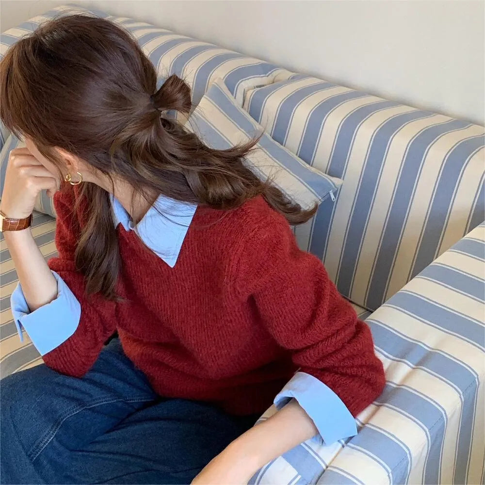 Women's loose knitwear top with contrast colour lapels in a choice of seven colours.