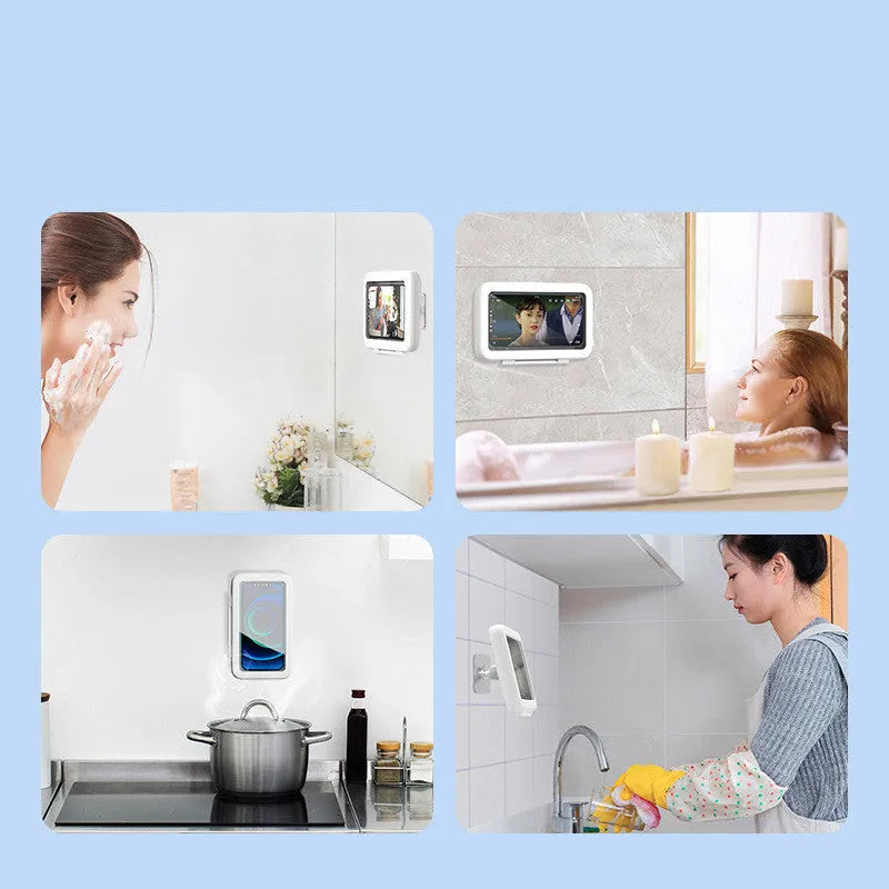 White waterproof phone holder mounted on tile with phone inside showing touch screen and anti-fog window.