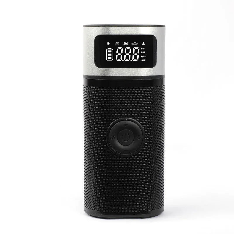 Black portable wireless air pump with USB charging cable and multiple inflation nozzles