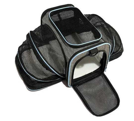 Pet trolley bag mesh carrier in black for small dogs and cats up to 7.5 kg, side view with wheels and handle