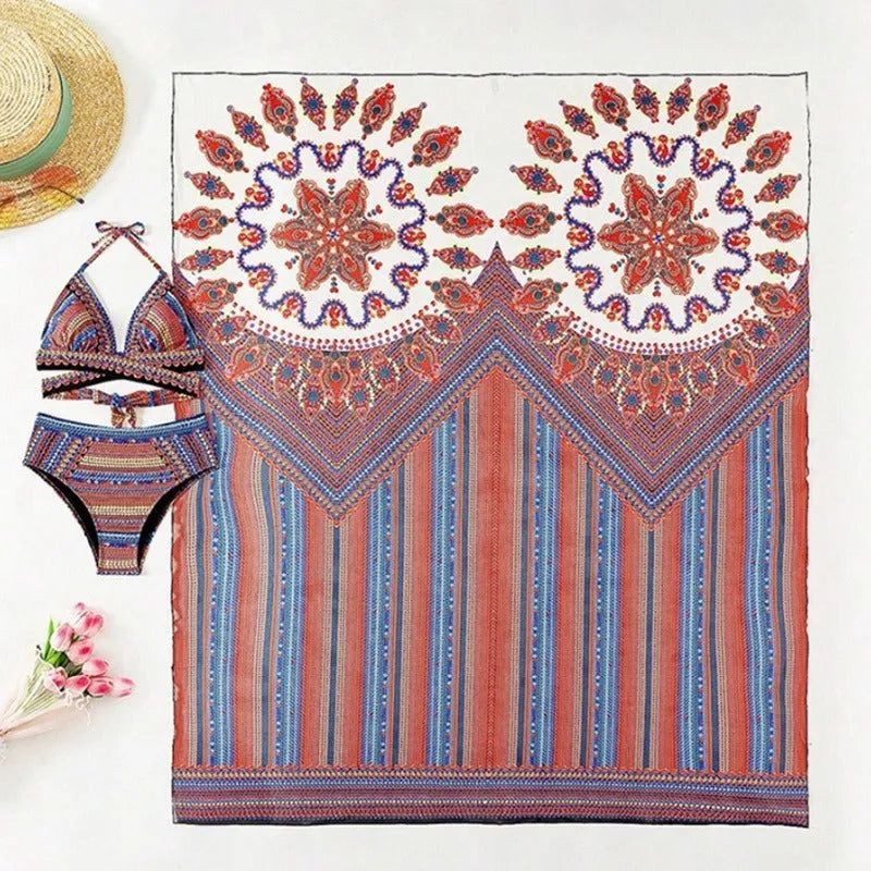 Women's three-piece polyester swimsuit set with cutout blouse and high-waist bottom, shown in picture colour.