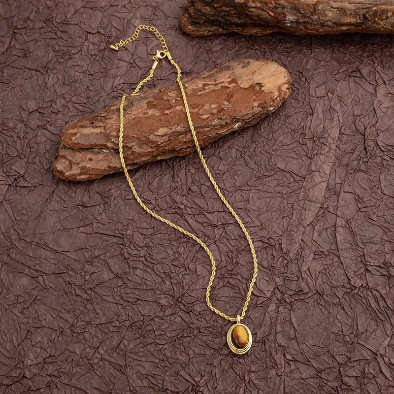 Natural tigereye titanium steel necklace with geometric pendant on regular chain