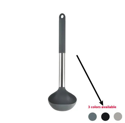 Black silicone kitchen utensil set with 12 tools in a rotating storage bucket on a kitchen countertop