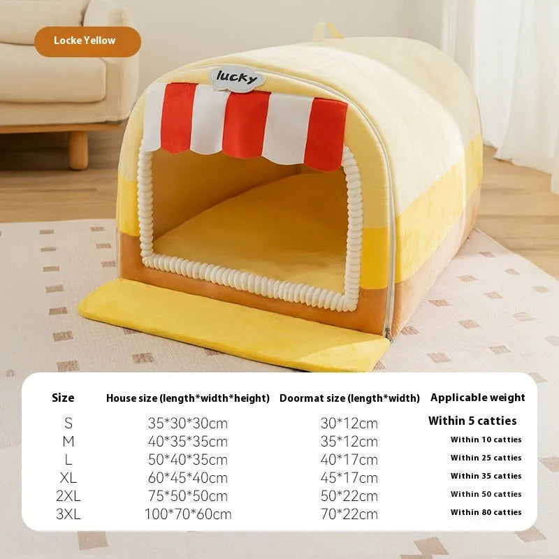 Sponge dog bed with painted autumn winter designs in rock yellow, green, and brown colour options
