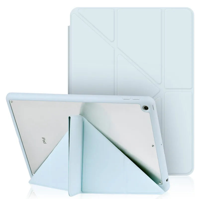 Acrylic Y-folding protective case for iPad with integrated pen slot, shown in dark grey.