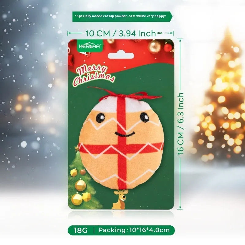 Christmas cat plush toy with catnip stuffing in festive designs including Santa Claus and Christmas Tree.