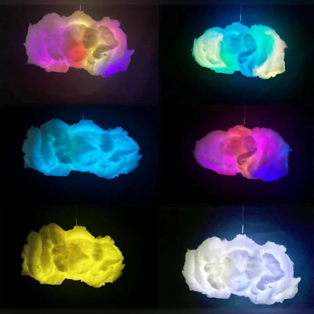 White fabric cloud pendant light with colour-changing LED lighting and USB cable